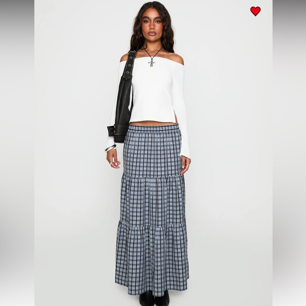 Princess Polly Rockwell Tiered Midi Skirt Navy Check